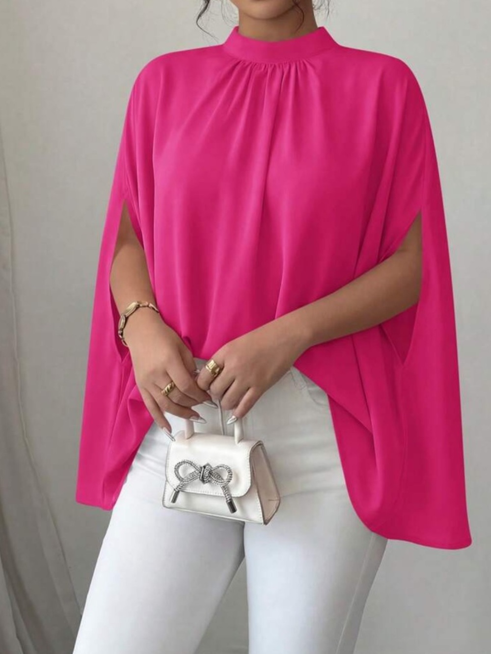 Elegant Pink Batwing Sleeve Tie Back Blouse - Picture 3 of 5